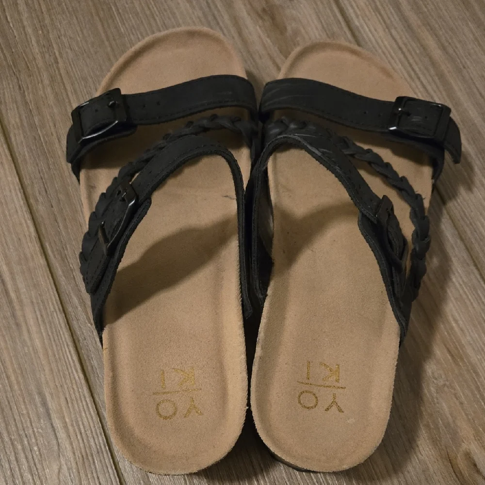 EUC Black Double Strap Braided Leather Corkboard Sandals | Size 9
